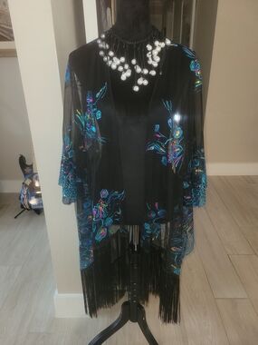 Black Embroidered Fringe Kimono Jacket - Women